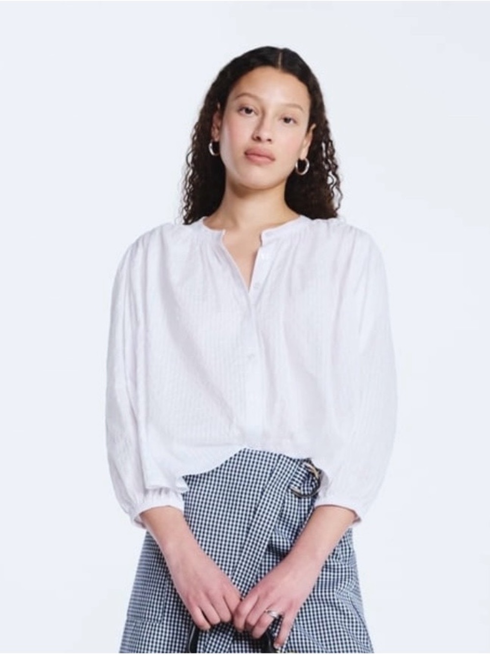 Free Assembly Women's Shirred Cotton Button Down Blouse w/Long Sleeves Small NEW